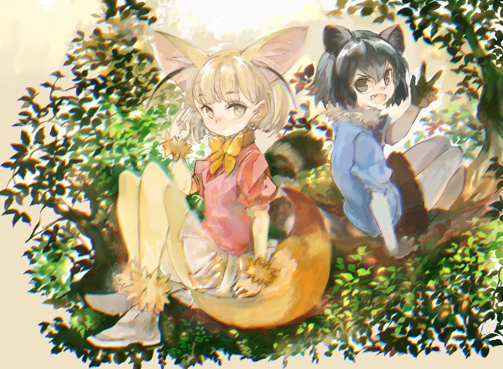 アライグマ(けものフレンズ) ,フェネック(けものフレンズ) 「絵チャの産物、けものフレンズのあらふぇね。
アライさんがいると心強いなー。 」|konabetateのイラスト