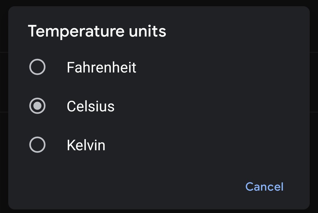 wombling's tweet photo. So initial disappointment that I had to specify that I like my weather stats in Celsius not Fahrenheit when my phone clearly knows I'm in Australia, is offset by the mad idea that I could show the temp in Kelvin... #physicsGeek https://t.co/2mx7d9YyKP