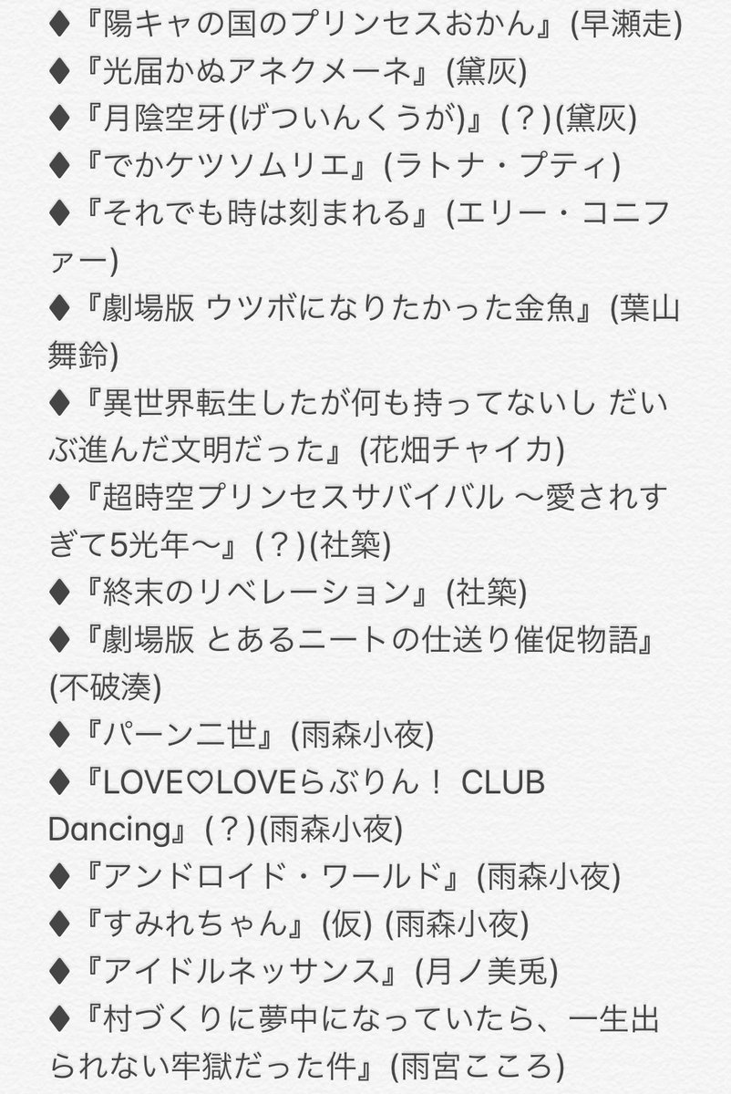 ルアシェ در توییتر にじさんじ架空声優 がとても面白い企画だったので 登場タイトルを一覧にしました 敬称略 タイトルを見てるだけでも楽しいww 動画本編ではセリフ演技や声優コメントも素晴らしいのでぜひ見て欲しいです のついている作品は 特に文字表記