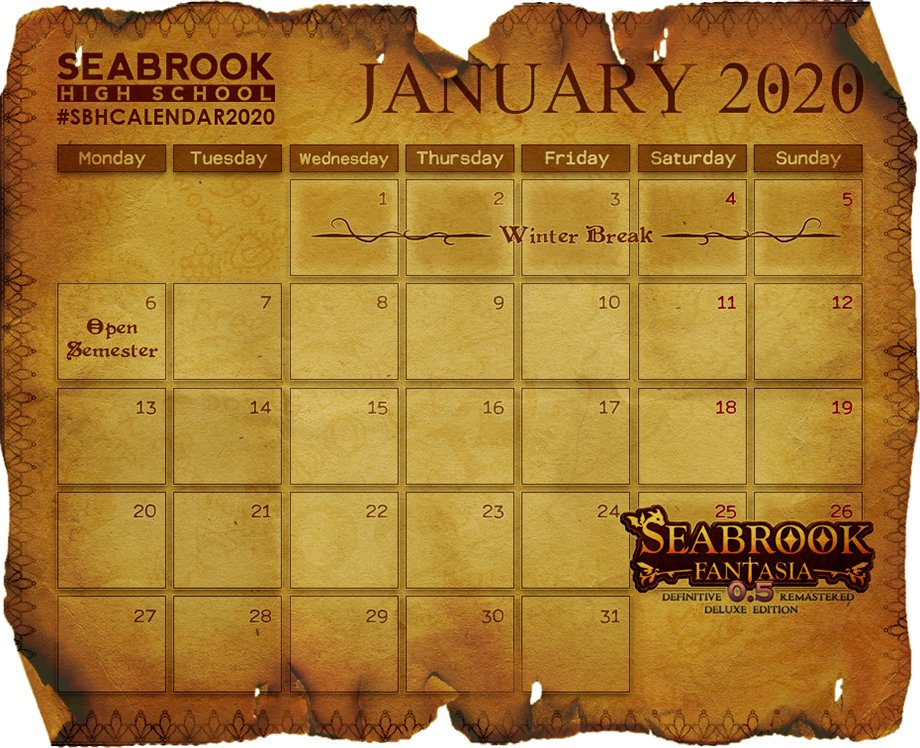 SeabrookHigh's tweet photo. สวัสดีปีใหม่นักเรียนทุกคนนะคะ! แน่นอนว่าปีใหม่นี้ ทางโรงเรียนก็เตรียมกิจกรรมสนุกๆ มารอต้อนรับทุกคนแล้วค่ะ!

ในเดือนนี้จะมีอีเวนท์ใหญ่คือ Re:Seabrook Fantasia มาเข้าร่วมกิจกรรมกันเยอะๆ นะคะ!

Doc : https://t.co/2lisC93oTF

#SBHReSF
#SBHCalendar2020 https://t.co/xZsnM7cfzk