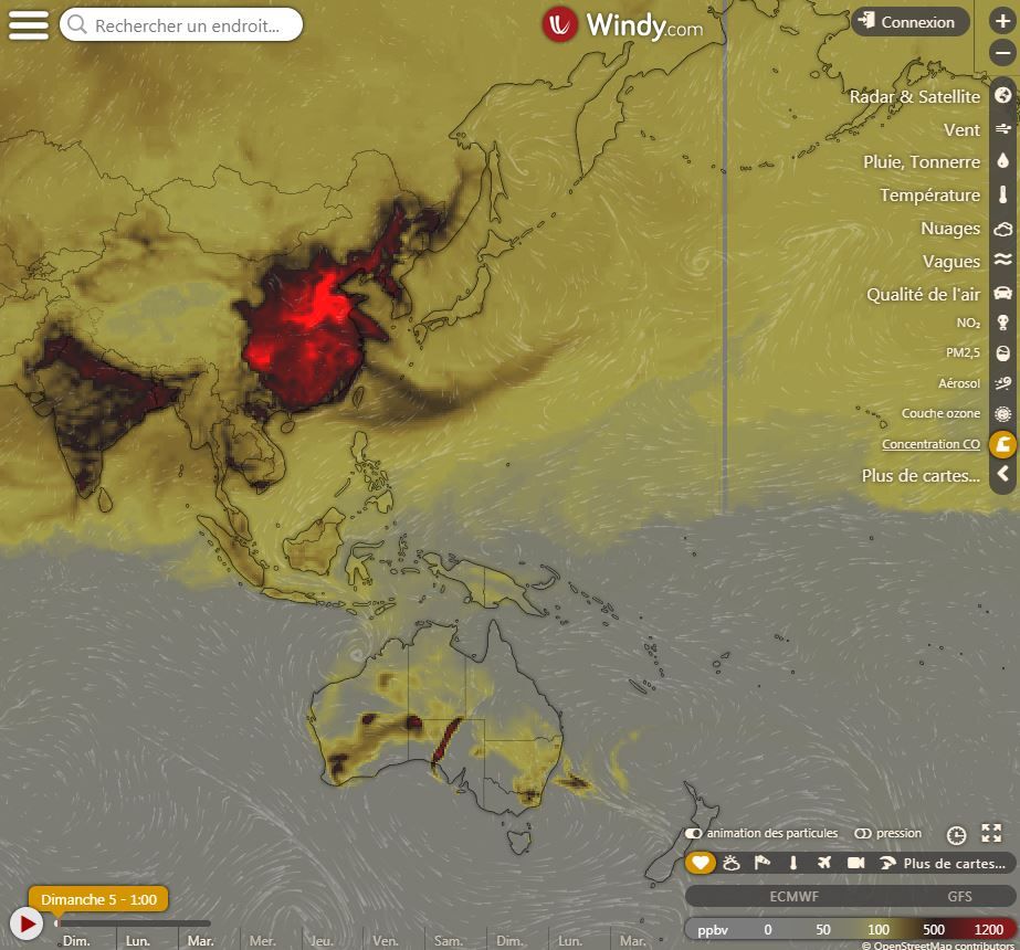 Voici un carte montrant la concentration de monoxyde de carbone en Australie (ravagée par les incendies) et en Chine (qui n'est pas ravagée par les incendies)
source utilisée : buff.ly/37M9sP1