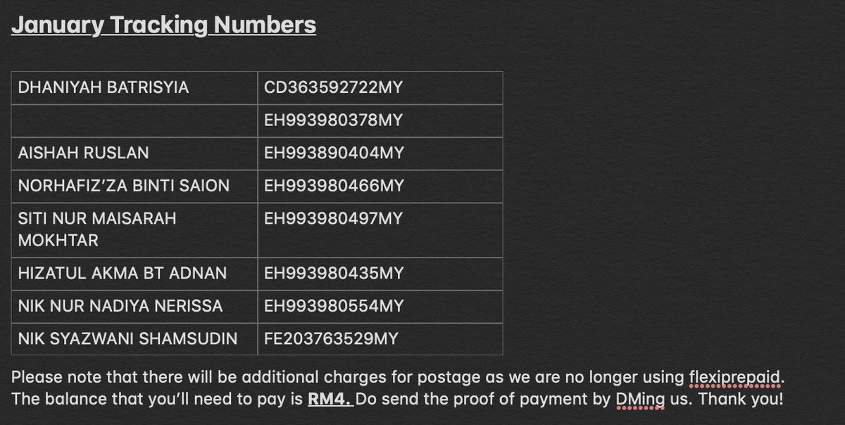 02limitless's tweet photo. #02limitlessUpdates
—
January tracking numbers [SG + misc.]
*Additional charges applied for SGs only*
—🍎 https://t.co/EPWSq934dz