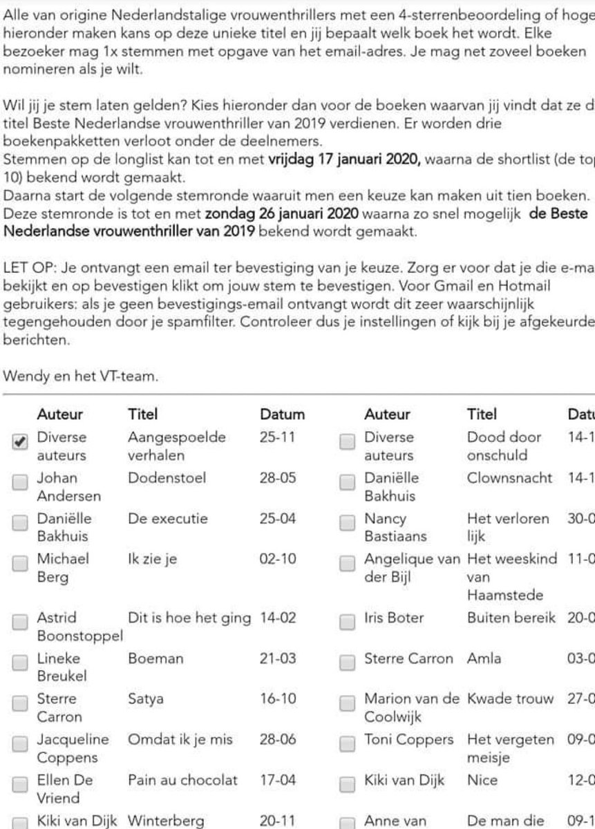 Bij Vrouwenthrillers kun je stemmen op Aangespoelde verhalen als Beste Nederlandse #vrouwenthriller van 2019. Heb jij Aangespoelde verhalen gelezen of een van de andere toppers, breng dan je #stem uit en maak ook nog kans op een van de boekenpakketten.
vrouwenthrillers.nl/index.php?page…