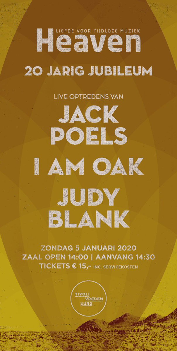 Een mooie middag voor de boeg, 2020 betekent ook 20 jaar HEAVEN Magazine! Dat vieren we vanmiddag met <a href="/judyblankmusic/">Judy Blank</a> <a href="/iamoak/">I am Oak</a> &amp; Jack Poels <a href="/TiVre_Utrecht/">TivoliVredenburg</a> Tot zo!?