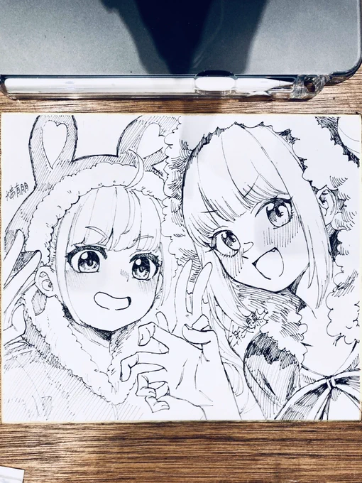 コミケで大串さん(@Ogushi_Aritomo )と一緒に描いた
抽選プレゼントとしての色紙です!
#めあArt 
#あくあーと 
#めあくあ 