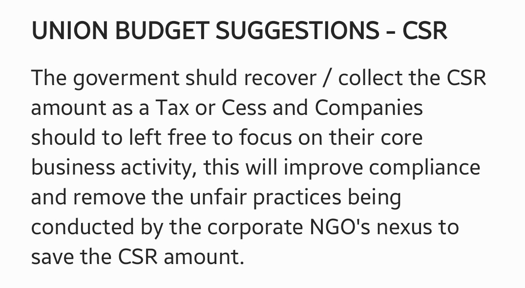 nikhil604u's tweet photo. @nsitharaman @FinMinIndia @PMOIndia @ianuragthakur Union Budget FY 20-21 suggestions, CSR amount to be collected by the Government as a Tax of Cess and companies be left free to focus on their buainess @ficci_india @ASSOCHAM4India @FollowCII https://t.co/EoKKuTa20K