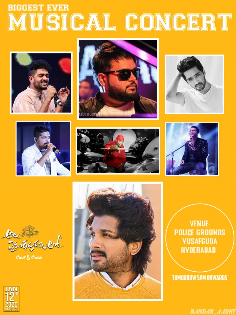 So.,how many of you are going to witness the South India's Biggest Musical Night Live??

At Police Grounds Yusuf Guda.,
From 05:00PM

#AlaVaikunthapurramloo #AVPLFestFromJan12th #AVPLMusicConcert #AVPLSankranthi