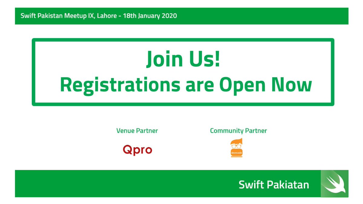 swiftpakisan's tweet image. Registration are open for our next Swift Pakistan Meetup IX Lahore

forms.gle/2ZFEZomgxGyqv1…

#SwiftPakistan #Qpro #Devncode