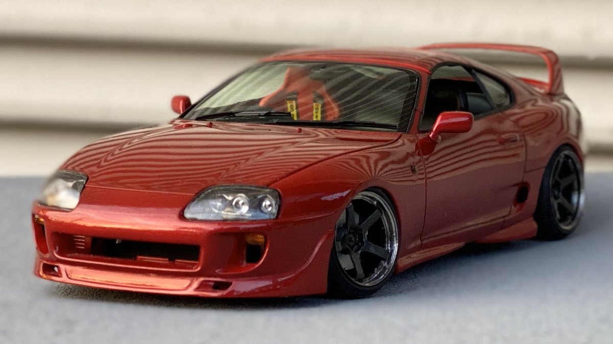 Iwa Tamiya 80スープラ エアロトップ仕様完成 Trustのフロントリップはレジン製 サイドとリアの純正マットガードはパテで自作 屋根は真鍮線を使って開閉できるようにしました