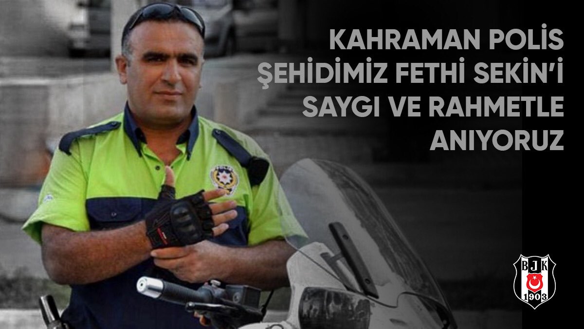 Besiktas's tweet photo. 5 Ocak 2017’de, İzmir’de teröristlerin hain saldırısını korkusuzca engelleyen kahraman Polis Şehidimiz Fethi Sekin’i saygıyla, rahmetle ve minnetle anıyoruz.
#FethiSekin https://t.co/tVfTDR8uJL