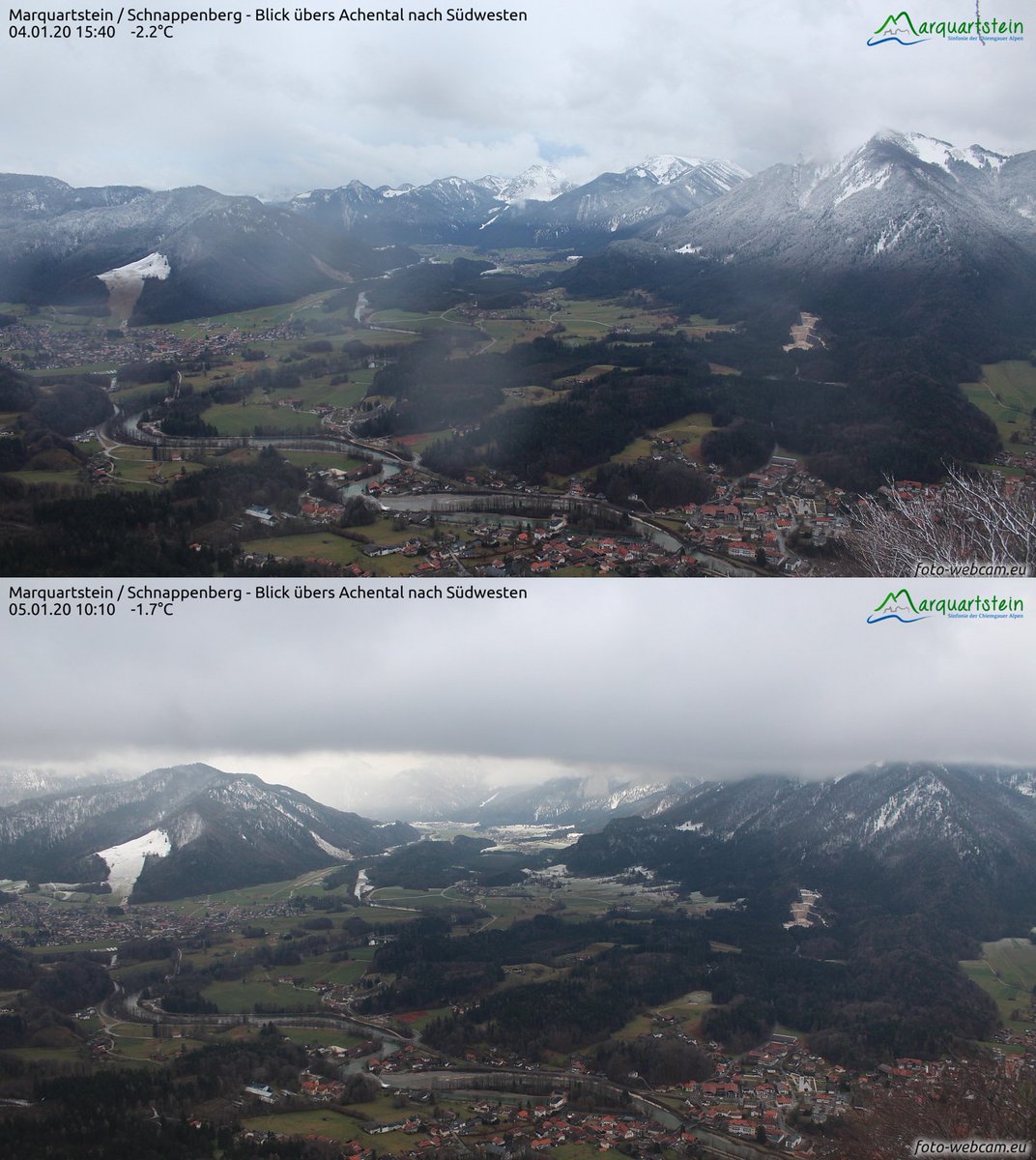 DWD_presse's tweet photo. Etwas #Neuschnee gab es letzte Nacht in den #Alpen. Die Webcam (https://t.co/WZCTw4qbTV) in #Marquartstein zeigt den Unterschied von gestern zu heute. Oberhalb von ca. 600-800m sind 5-10cm, teils auch bis 20cm Neuschnee gefallen. Ein #Wintereinbruch ist jedoch nicht in Sicht. /V https://t.co/V94WqlXQvC