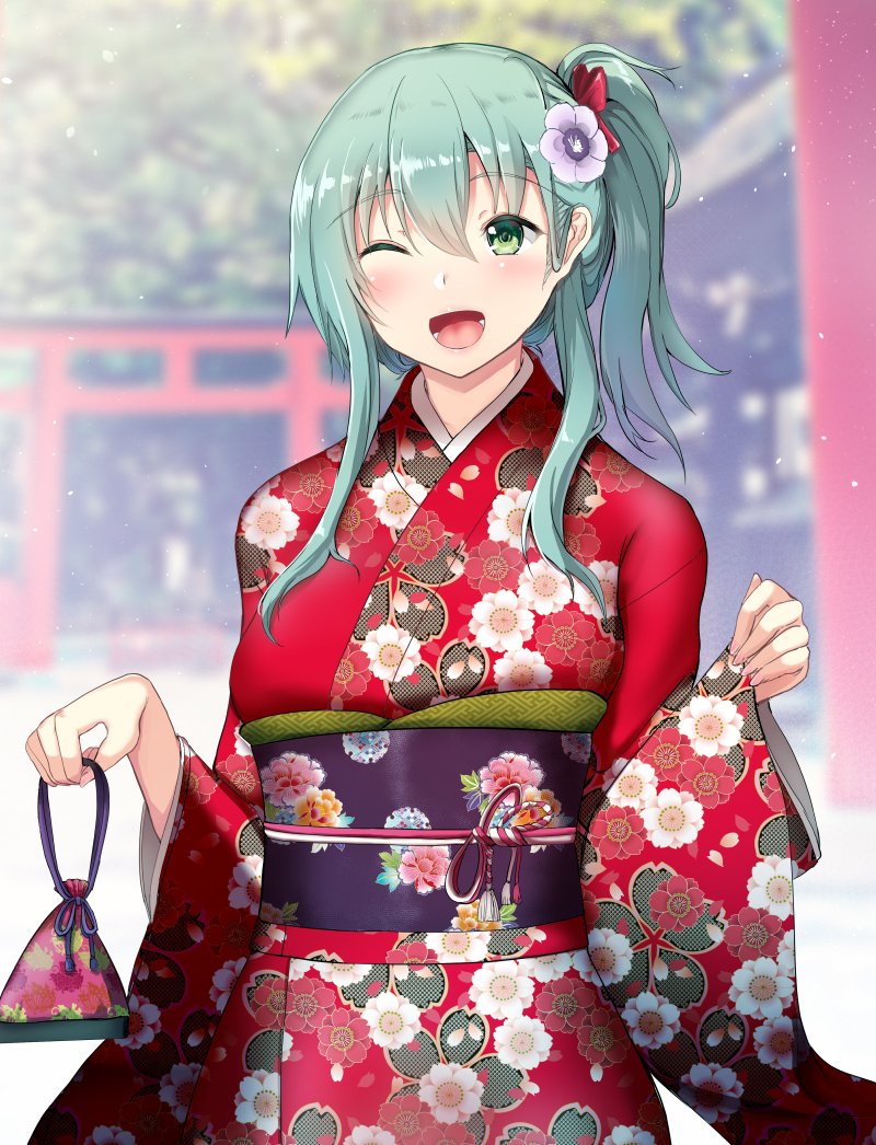 suzuya (kancolle) 1girl japanese clothes solo kimono one eye closed hair ornament long hair  illustration images