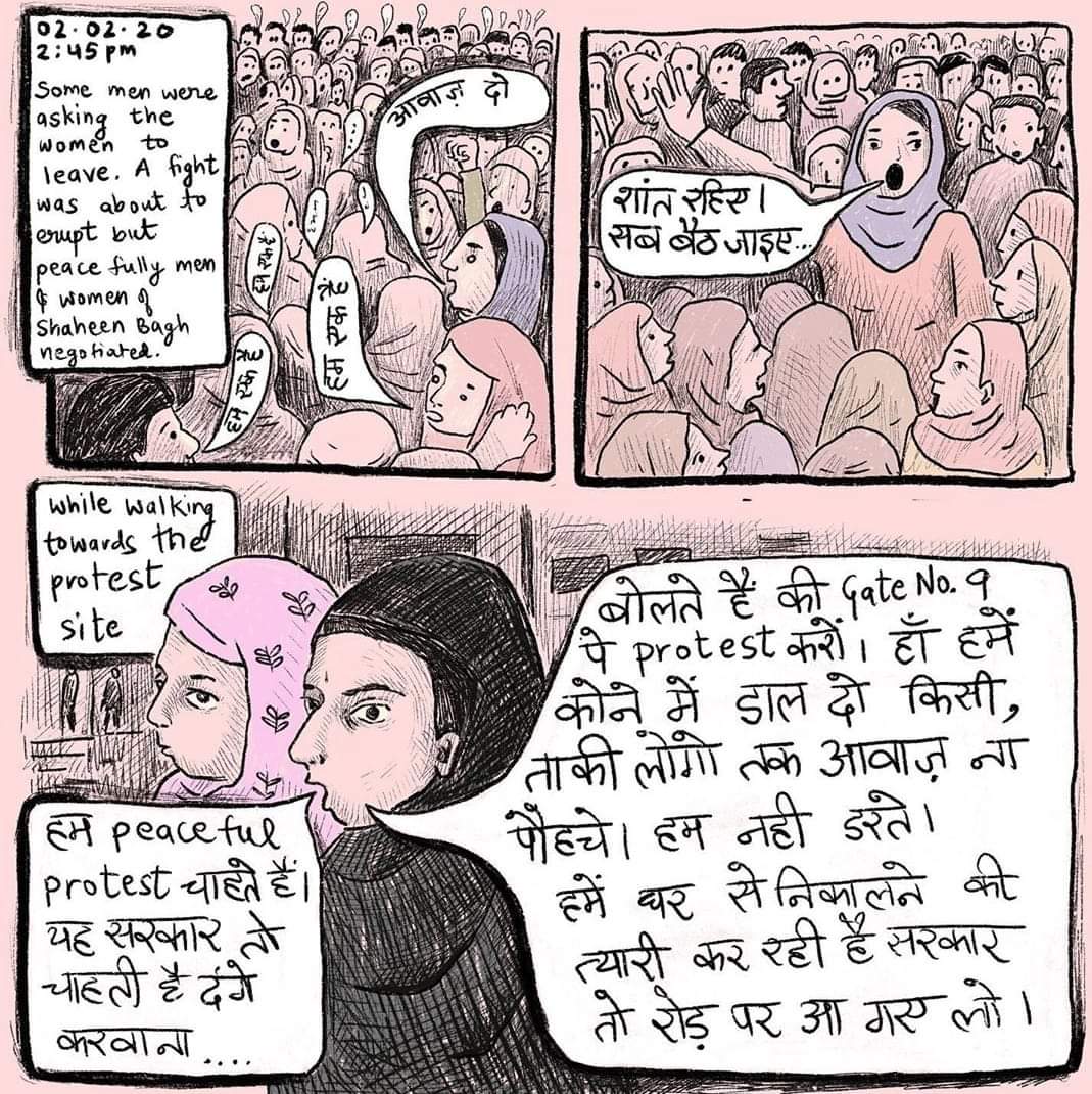 ShubnumGill's tweet photo. Shaheen Bagh, comic strip by @sadakchaapladki 
Women of Shaheen Bagh have been protesting day n night since 15Dec in this bitter cold
#notonrc #notocaa #indiaresistscaa #indiaresistsnrc #artist #comic #womenpower #feminism #protest #india #delhi #shaheenbagh #womenofshaheenbagh https://t.co/7UXZrfOKmZ