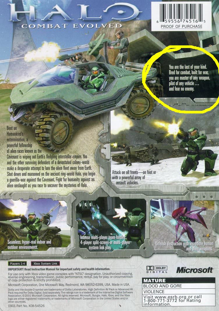 HaloCodex's tweet photo. What was written on the back of the original Halo CE is what got me into the games. #Halo #Xbox https://t.co/XALh41cbgX
