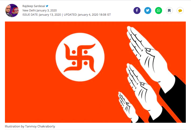 Nazi salute to the sacred Hindu swastika. Yet another instance of this recurring Nazi-Hindu-New India theme, this time as an image accompanying a trashy piece by  @sardesairajdeep.The capacity of Hindus to take shit is under-appreciated. I compliment them for their tolerance.