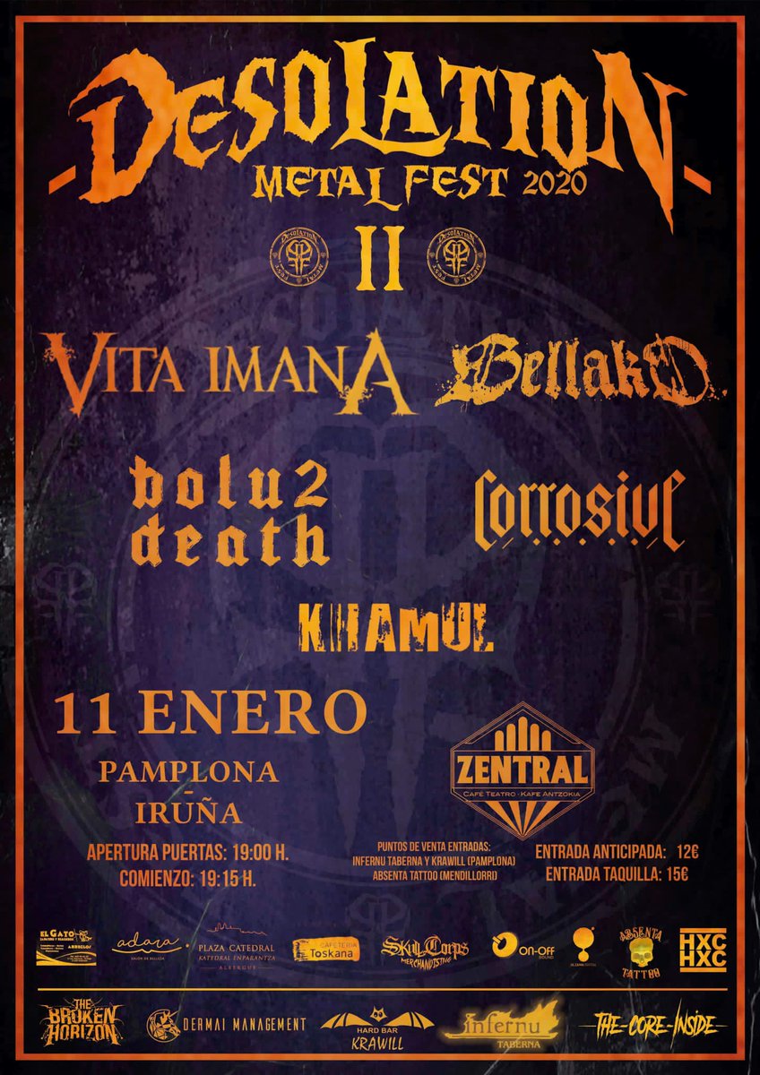DesolationFest's tweet photo. 🔥Ya no queda nada para disfrutar de @VitaimanA , @bellako_hc , @Bolu2Death , @CRRV_Official #Khamul 🔥
👉🏽Te esperamos el próximo sábado, 11 de enero en Zentral (Pamplona) a las 19:00h
#Navarra #festival #metalfest https://t.co/TB1TCW7iB2