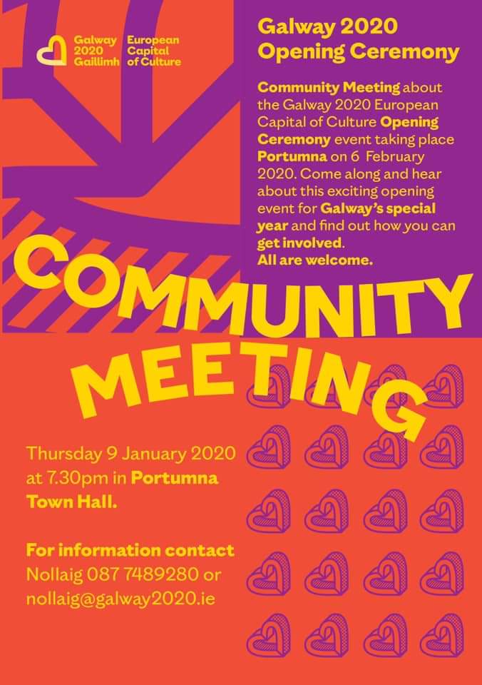 VisitPortumna's tweet photo. Community Meeting next Thursday January 9th to discuss the opening ceremony for Galway 2020 in #Portumna #TownHall
All are welcome to attend ..
#galway2020 #capitalofculture #portumna #visitportumna #Woodford #Galway #Tynagh #Abbey #Duniry #Killimor #Lorrha https://t.co/1nwCLcoRWR