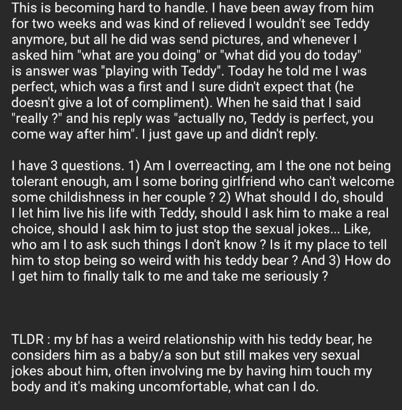 My [21F] boyfriend's [23M] relationship with his teddybear is making me uncomfortable buff.ly/2QpgR0E