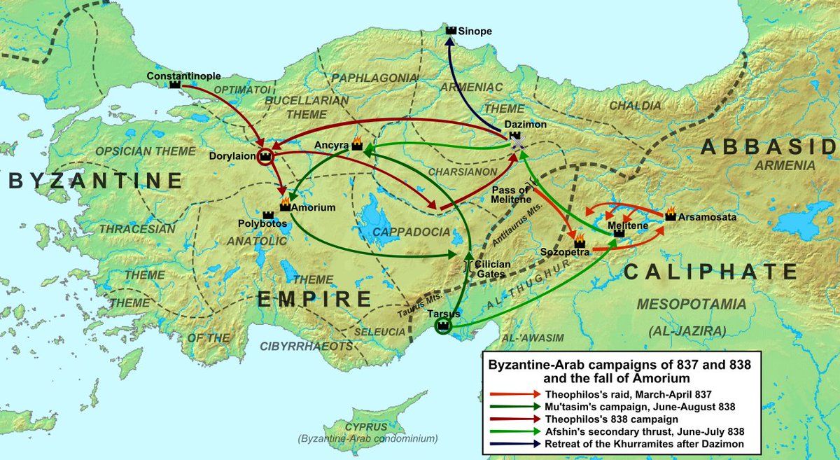 Map of the Byzantine and Abbasid campaigns in the years 837–838, showing Theophilos's raid into Upper Mesopotamia and Mu'tasim's retaliatory invasion of Asia Minor, culminating in the conquest of Amorium. One of the campaigns was led by the great Khorasani general Kawus al-Afshin