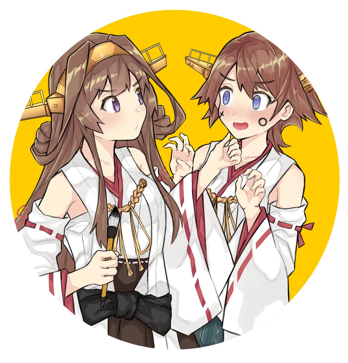 hiei (kancolle) ,kongou (kancolle) brown hair multiple girls 2girls headgear ribbon-trimmed sleeves ribbon trim long hair  illustration images