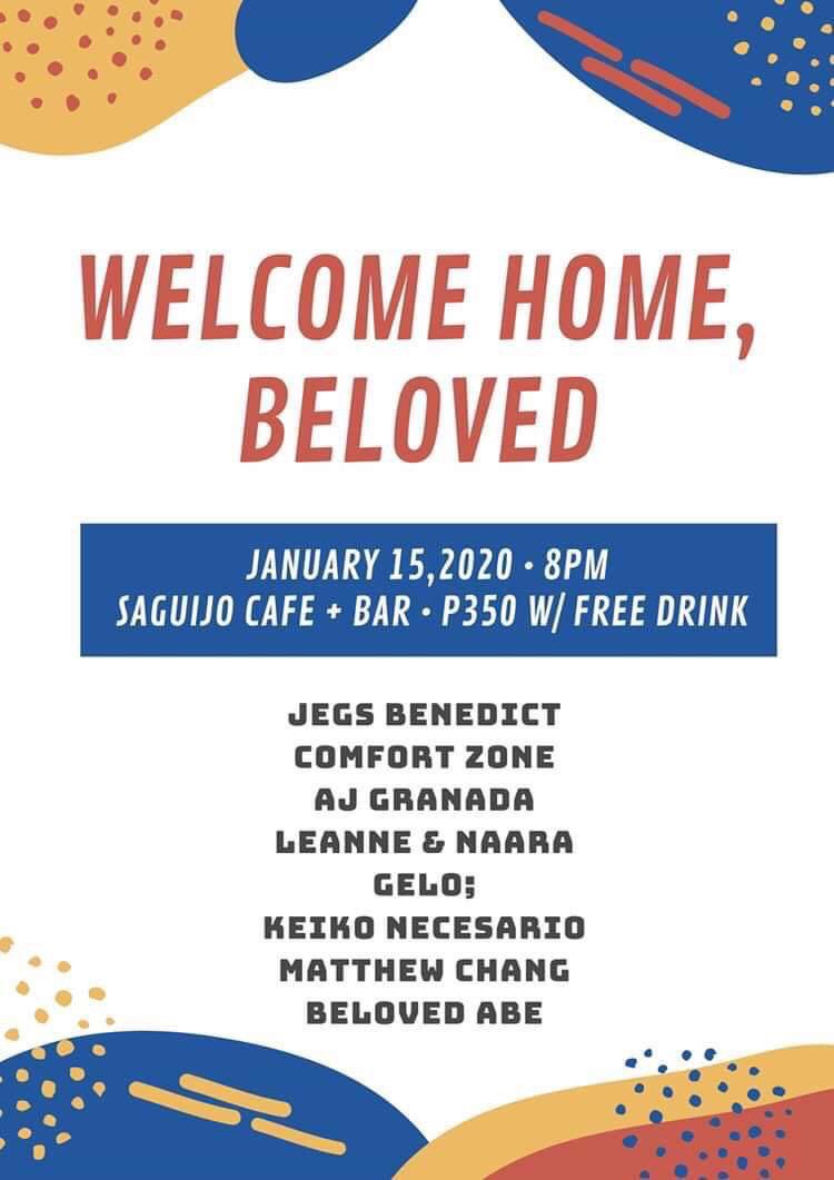 Welcome Home, <a href="/belovedabe/">Beloved</a>!!! 💕 

See you at <a href="/SaguijoOfficial/">SaGuijo Bar + Cafe</a> on Jan. 15 (Wed), 8PM! ✨ 

Don’t forget to click Going! 😉 
facebook.com/events/2490227…