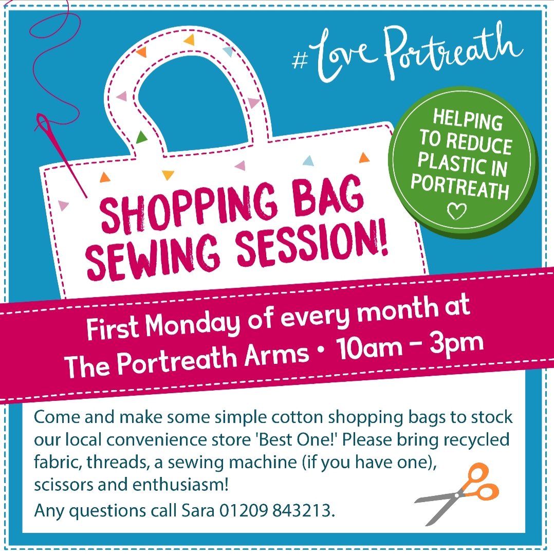 LovePortreath's tweet photo. New Year...Same bag making sessions! This month we'll be using old curtain fabric donated by @LandalGwelanMor and making some bags in return. All welcome to pop in from 10am until 3pm at @PortreathArms
#LovePortreath #plasticfree #communitiesinaction #saynotoplastic #reducewaste https://t.co/9ojxvyFGns