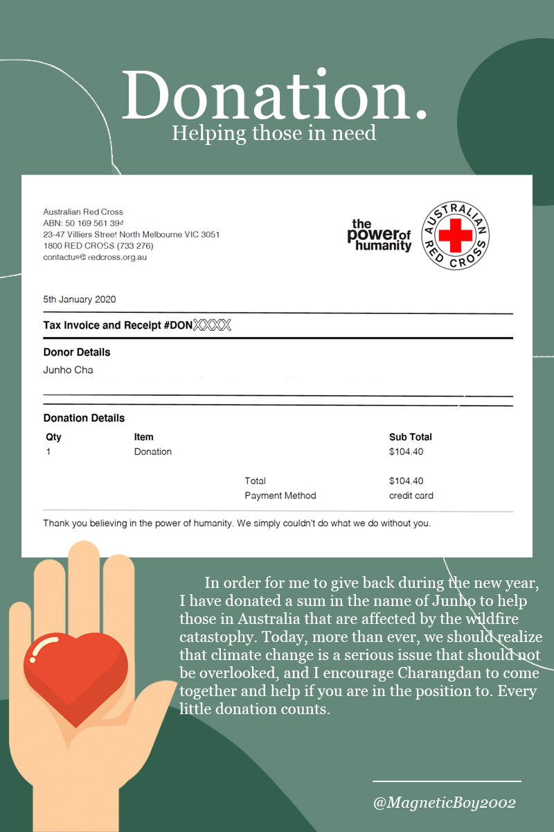 magneticboy2002's tweet photo. 𝐍𝐄𝐖 𝐃𝐄𝐂𝐀𝐃𝐄 𝐏𝐑𝐎𝐉𝐄𝐂𝐓

〰️

🦋𝐃𝐨𝐧𝐚𝐭𝐢𝐨𝐧.
Helping those in need🙏🏻

In order for me to give back during the new year, I have donated a sum in the name of #CHAJUNHO #X1 to help those in Australia that are affected by the wildfire catastophy. 

#차준호 #엑스원 https://t.co/DvFH2uqCqx