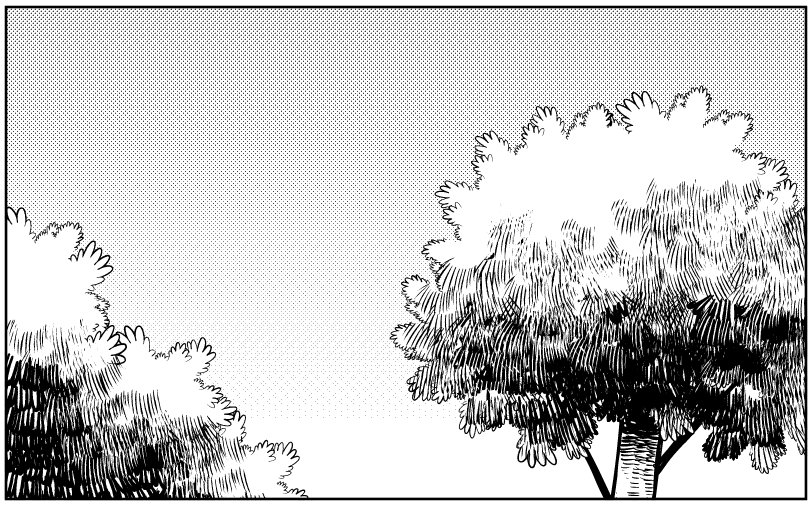 4,空をグラデ貼って雲を描いたら背景の出来上がりです。
慣れれば10分くらいで量産できます。
ベタ多めで夜の木や、後でトーン部分とっても良いと思います。お好みで。
※木のりんかく線が細いと感じるときは線修正→線幅修正で太くして調整してみてください。