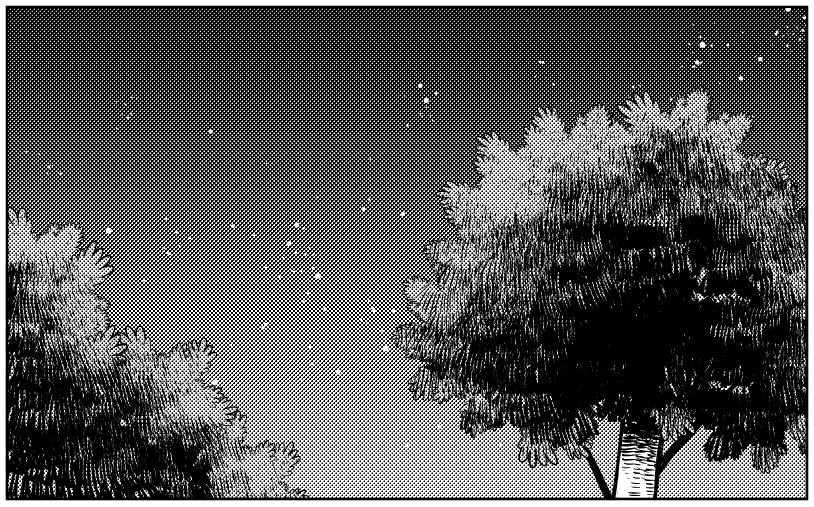 4,空をグラデ貼って雲を描いたら背景の出来上がりです。
慣れれば10分くらいで量産できます。
ベタ多めで夜の木や、後でトーン部分とっても良いと思います。お好みで。
※木のりんかく線が細いと感じるときは線修正→線幅修正で太くして調整してみてください。