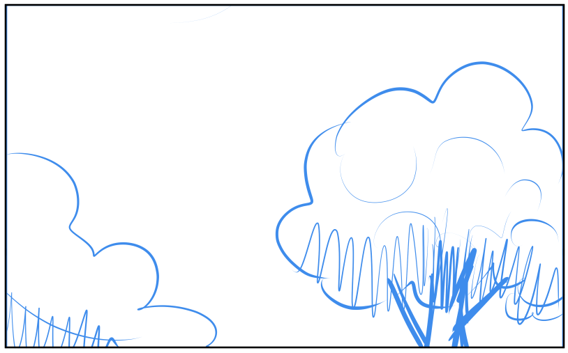 【使い方】
1.木のアタリを描きます。どこまでベタを入れるかも考えます。
2.幹を描き、【木りんかく線】ブラシで木の葉っぱを描いて大まかなベタも入れていきます。
3.葉っぱ部分を30Lで塗りつぶします。
→選択範囲で【草影】、【草ならし】両ブラシを使って
描いたり削ったりして整えます。