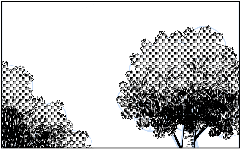 【使い方】
1.木のアタリを描きます。どこまでベタを入れるかも考えます。
2.幹を描き、【木りんかく線】ブラシで木の葉っぱを描いて大まかなベタも入れていきます。
3.葉っぱ部分を30Lで塗りつぶします。
→選択範囲で【草影】、【草ならし】両ブラシを使って
描いたり削ったりして整えます。