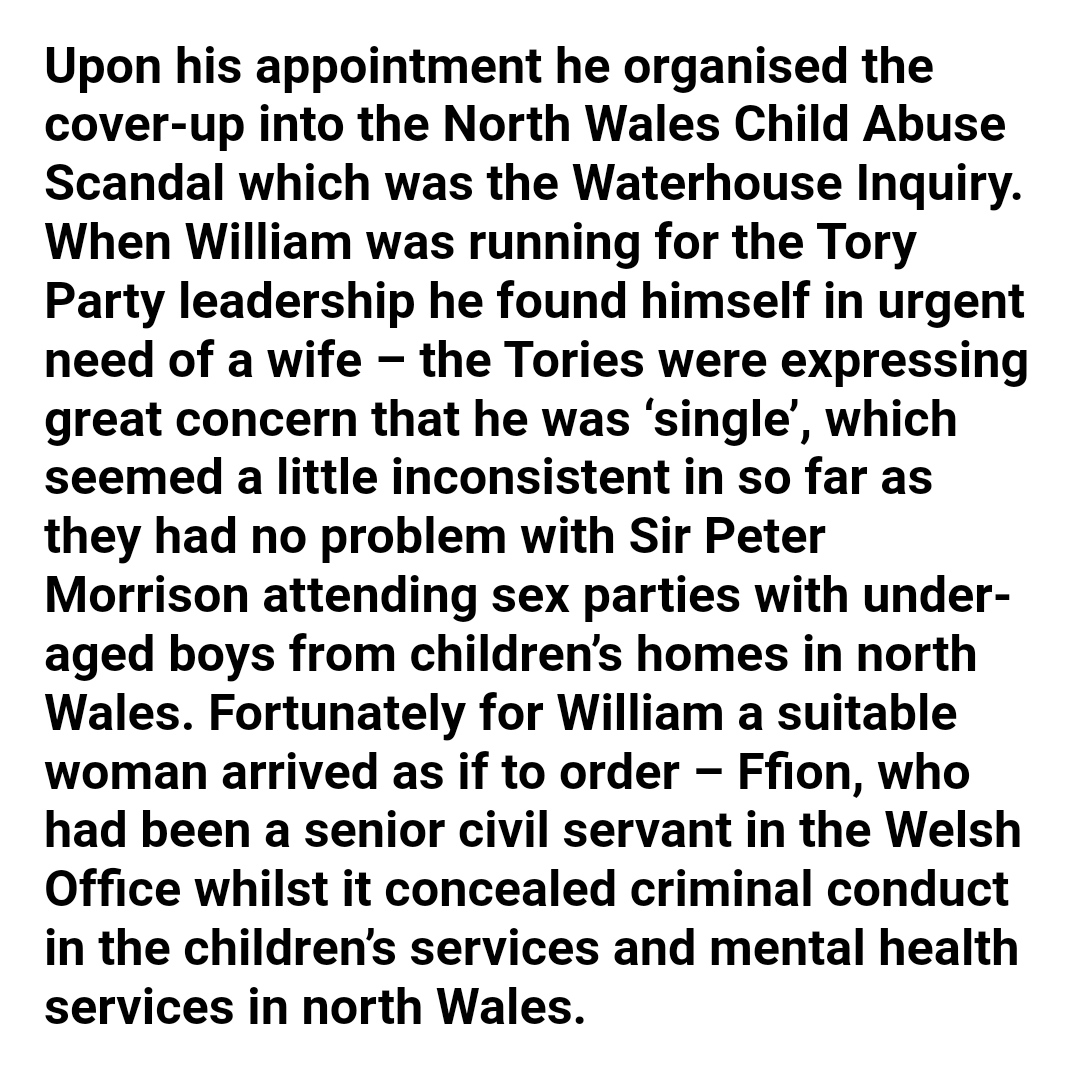 William Hague was fully aware of what had gone on at care homes in North Wales and how they linked to nearby Chester. That is why it was important for Willy to contain the scope of the inquiry and put a safe pair of hands in charge:  https://www.dailymail.co.uk/news/article-2224167/amp/Former-Minister-says-Thatcher-aide-paedophile-preyed-boys-home--Hague-known.html#click=https://t.co/UKFWciimVF