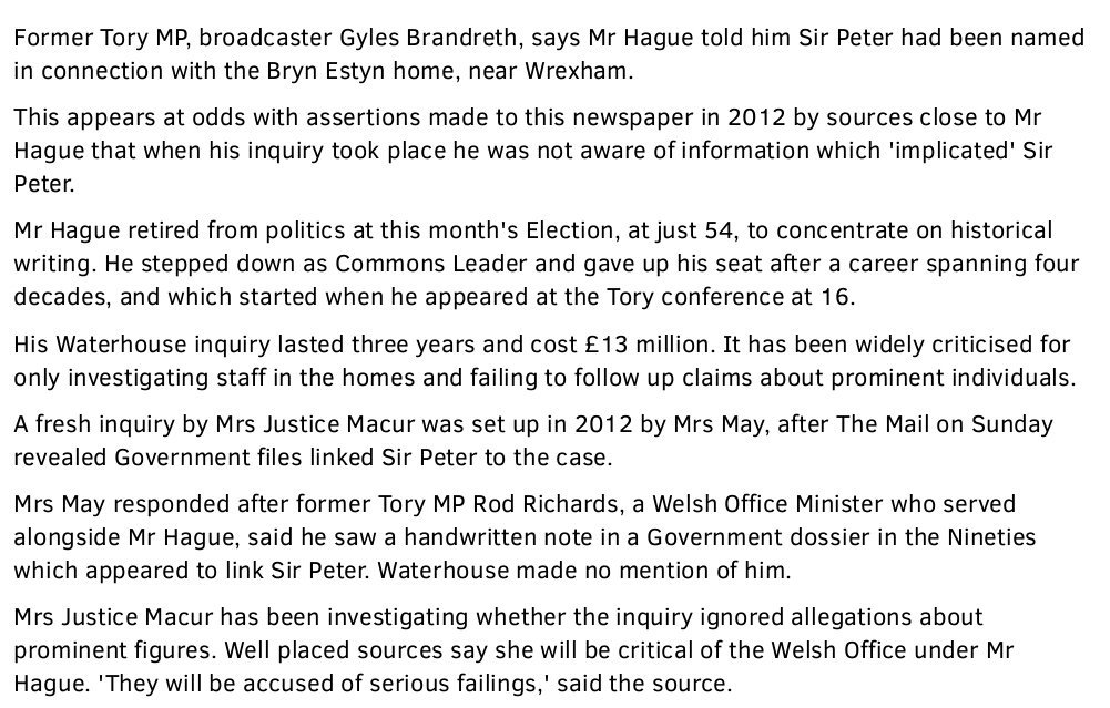 William Hague was fully aware of what had gone on at care homes in North Wales and how they linked to nearby Chester. That is why it was important for Willy to contain the scope of the inquiry and put a safe pair of hands in charge:  https://www.dailymail.co.uk/news/article-2224167/amp/Former-Minister-says-Thatcher-aide-paedophile-preyed-boys-home--Hague-known.html#click=https://t.co/UKFWciimVF