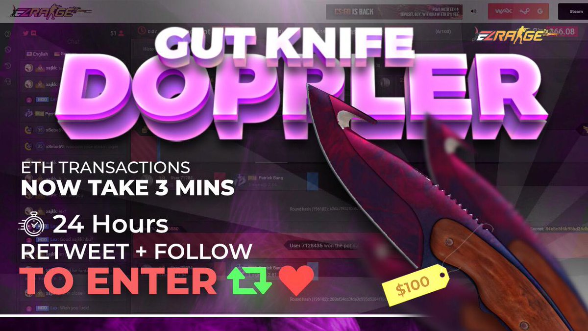 EZRagecom's tweet image. 💎 Gut Knife | Doppler (Factory New) Giveaway 💎

⚡ Ethereum deposits take only 3 minutes now! ⚡

- Retweet
- Follow us
- Login once on EZRage.com

Rolling in 24 hours! ⏰