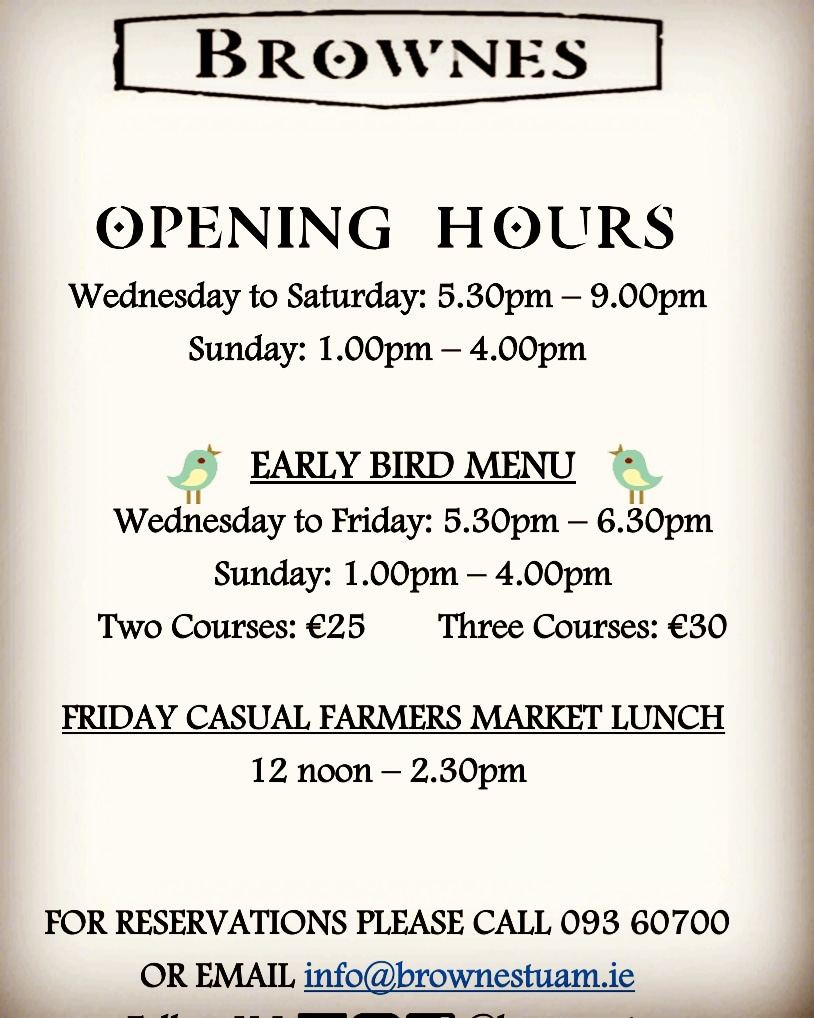 Now that the Christmas craziness is over - just a reminder of our normal opening hours! #brownes #tuam #BIBGOURMAND2020 #localfood #galwayfood #discovergalwayfoodexperiences