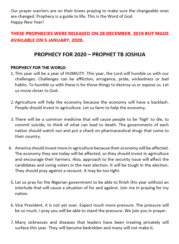 SCOANTBJoshua's tweet image. Read Prophet T.B. Joshua&apos;s prophecy for 2020 here:

facebook.com/tbjministries/…