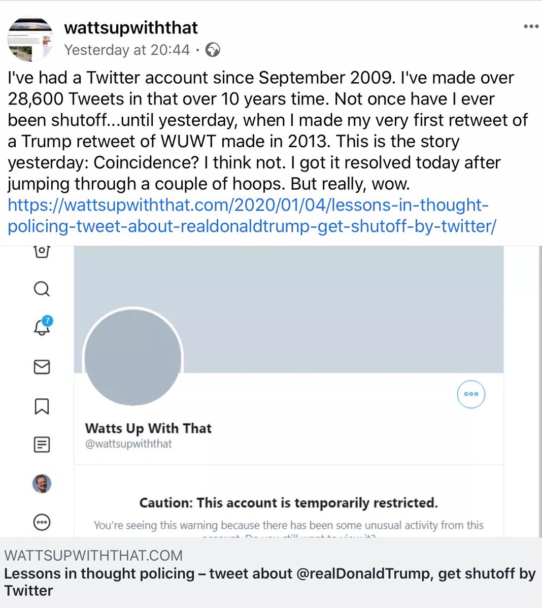 ClimateRealists's tweet photo. I've had a Twitter account since September 2009. I've made over 28,600 Tweets in that over 10 years time. Not once have I ever been shutoff...until yesterday, when I made my very first retweet of a Trump retweet of WUWT made in 2013
https://t.co/2RMAnnaxKR https://t.co/44QWubj7S0 https://t.co/PvvoJj17KG