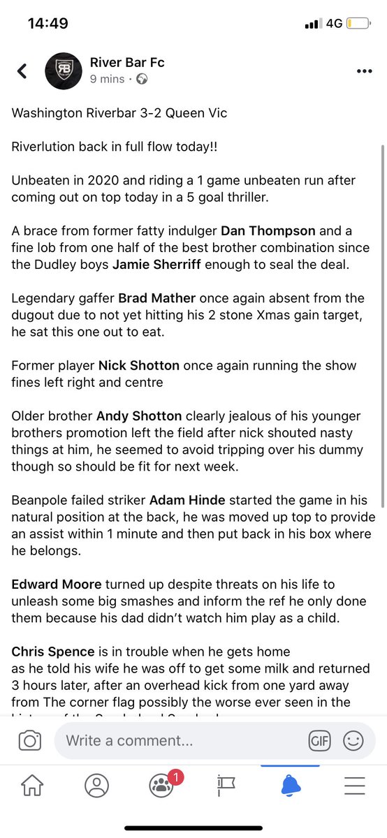 River Bar 3-2 <a href="/TheQueenVicFC1/">The Queen Vic FC</a>  
New Year....sane Shambles #uptheriver #riverlution  #Washington  #nufc #safc #sundayleague #football