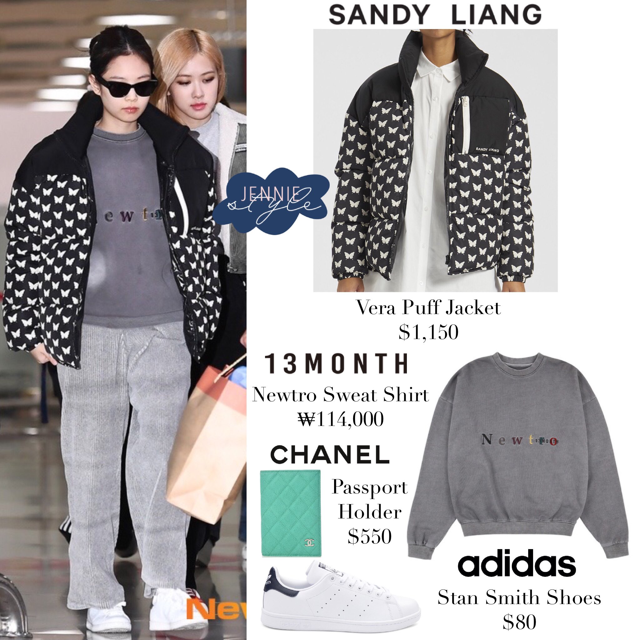 Jennie Lookbook Gimpo Airport 0105 Sandy Liang Vera Puff Jacket 1 150 13month Newtro Colorful Sweat Shirt 114 000 Chanel Passport Holder Adidas Stan Smith 80 Jennie Jenniekim Blackpink Blackpinkfashion Blackpinkstyle