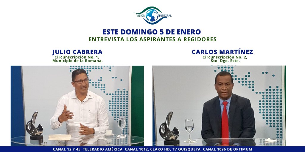 visioninttv's tweet photo. Esta noche en @visionintegraltv los aspirantes a regidores @juliocabrera600 y Carlos Martínez comparten las propuestas a implementar en sus respectivas circunscripciones.

#politicard #visionintegraltv  #noticiasrd #regidores2020 #teleradioamerica #tvquisqueya #Tv https://t.co/OojtJG8TBb