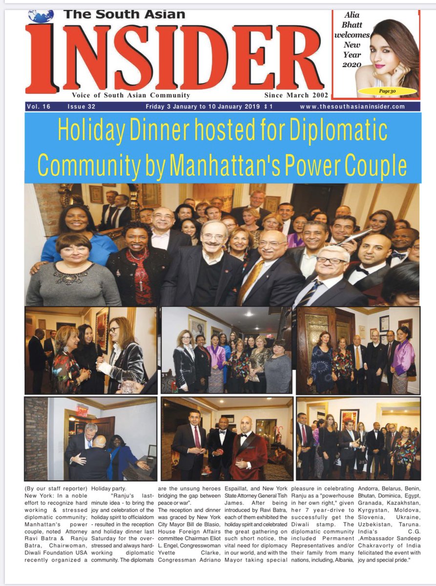 RaviBatra's tweet photo. Holiday Reception & Dinner 2019 for @UN #DiplomaticCorps - was graced by NYC Mayor @BilldeBlasio, #HFCA Chairman @RepEliotEngel @RepYvetteClarke @RepEspaillat & NYS AG @TishJames.
The diplomatic community included PRs and/or family from many nations,...1/2 https://t.co/0tis4srZQz