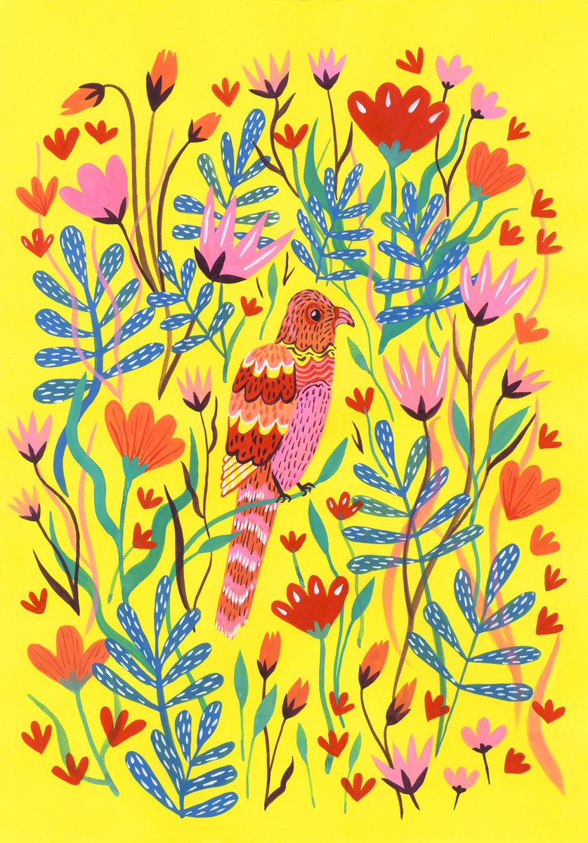 MazLeyden's tweet photo. Happy new year! Here’s a jazzy bird painting to brighten your evening 😀

#handmadehour #crafthour #brumour #painting #illustration https://t.co/4hyrFHLnHM
