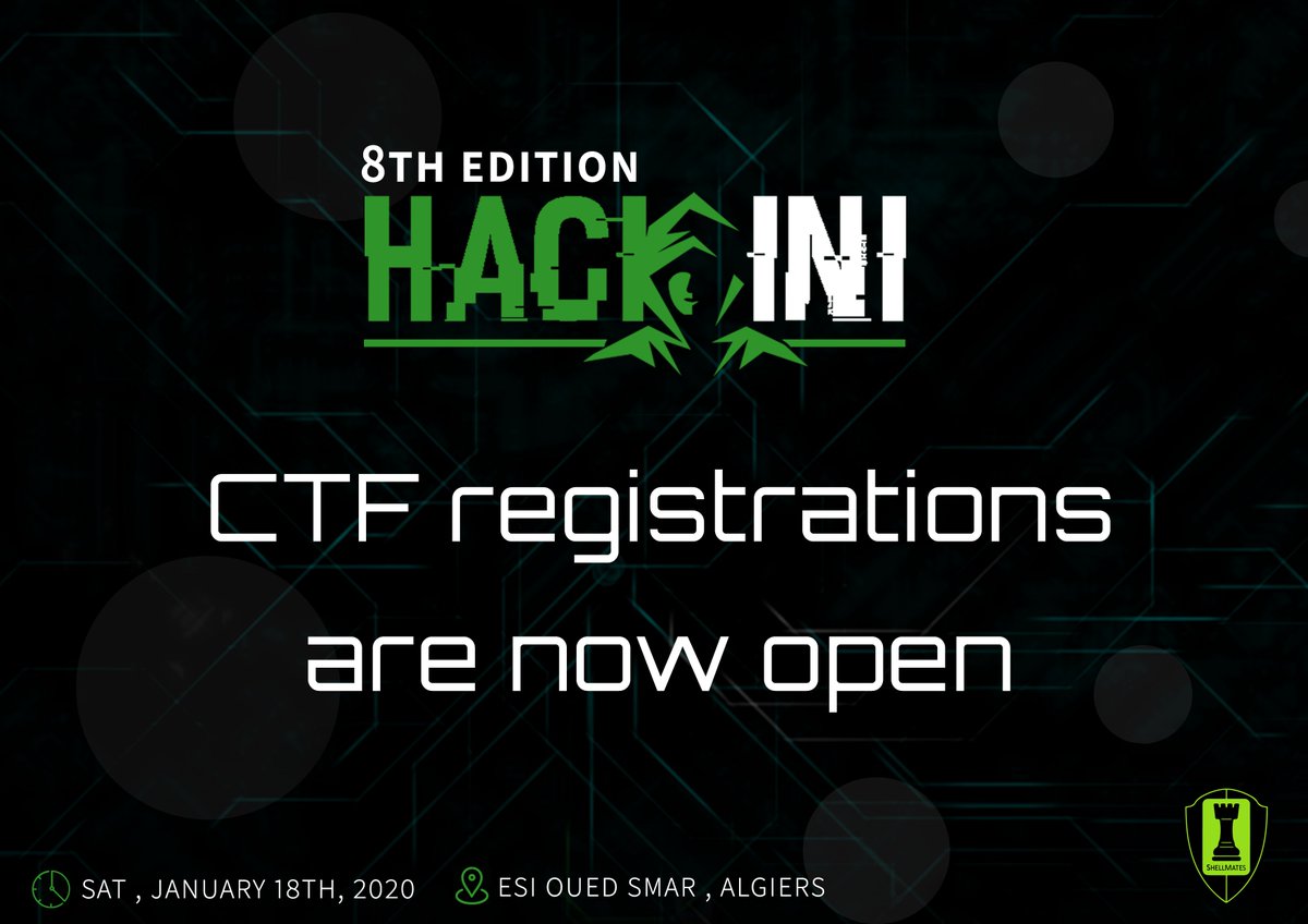 What would be greater to start the year well than to be part of great adventures such as HackINI😍!

An important part of this event is the CTF and all that separates you from this opportunity is filling this form: cutt.ly/DruCp28 ! 

#hackini #ctf #infosec #CyberSecurity