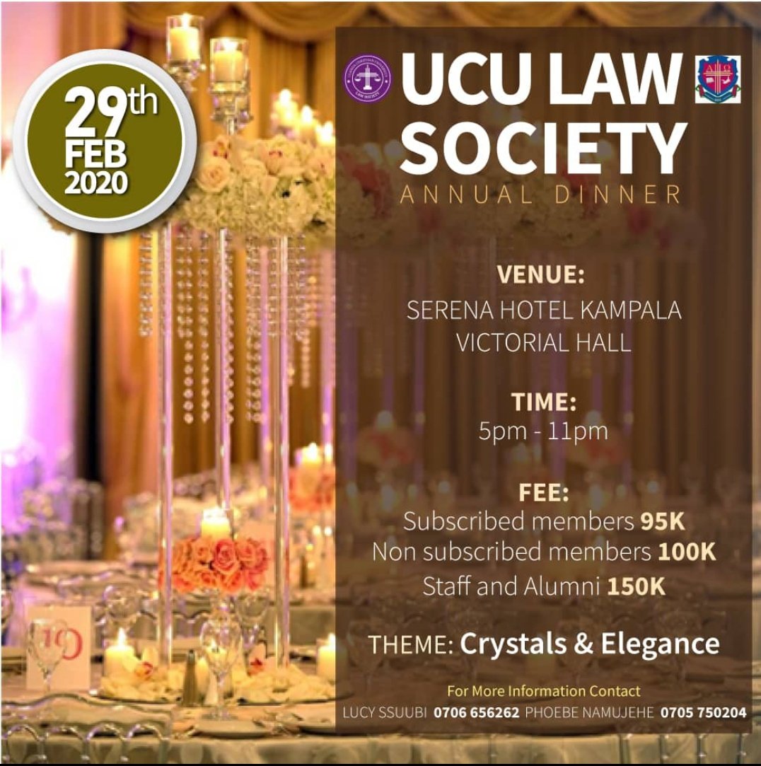 Come let's all celebrate hardwork achievements  and togetherness  as the law fraternity  during the law dinner on 29th Feb  2020 we Serena  hotel kampala.<a href="/IbrahimKatongo1/">Ibrahim Katongole</a> <a href="/alexeliud/">Alexander #Ssensikombi 👑</a> <a href="/UCUniversity/">Uganda Christian University (Official)</a> <a href="/ULSAssociation1/">Uganda Law Students Association</a>  <a href="/IuiuLaw/">IUIU-KC Law Society</a> <a href="/uculaw/">School of Law - UCU</a>.