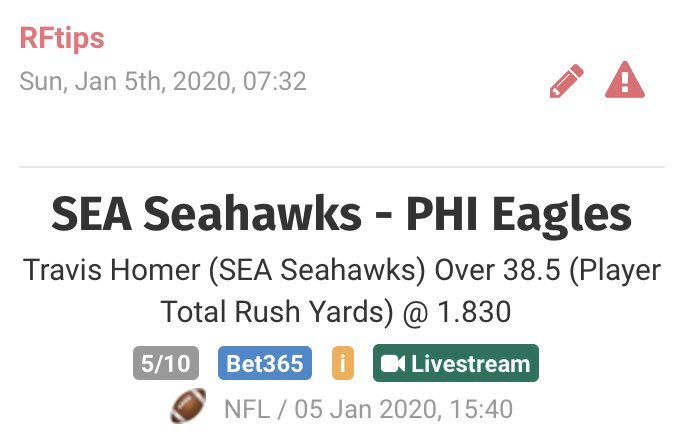 FtipsR's tweet image. Hoy solo tomaré un partido de la ronda de comodines. Van dos picks del partido entre #Seahawks y #FlyEaglesFly  
#NFL100  
3% al handicap y 5% a las yardas de Homer. Suerte a todos ✌🏻️