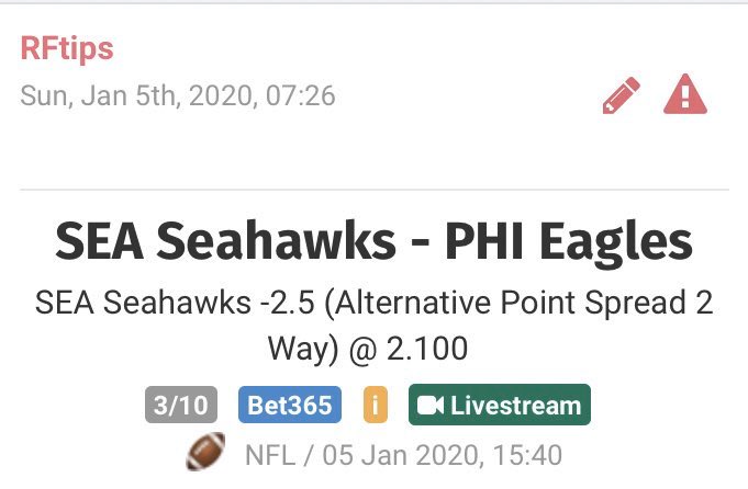 FtipsR's tweet image. Hoy solo tomaré un partido de la ronda de comodines. Van dos picks del partido entre #Seahawks y #FlyEaglesFly  
#NFL100  
3% al handicap y 5% a las yardas de Homer. Suerte a todos ✌🏻️
