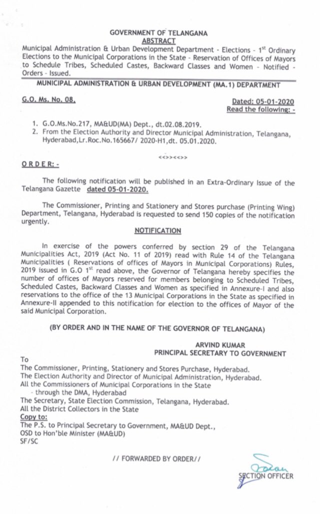 Uzivatel Arvind Kumar Na Twitteru Telangana Municipal Elections Reservation For The Post Of Mayor In Municipal Corporations Sc St Bc And Women Finalised Today And Go 8 Issued Https T Co Zrtrt6nqpl