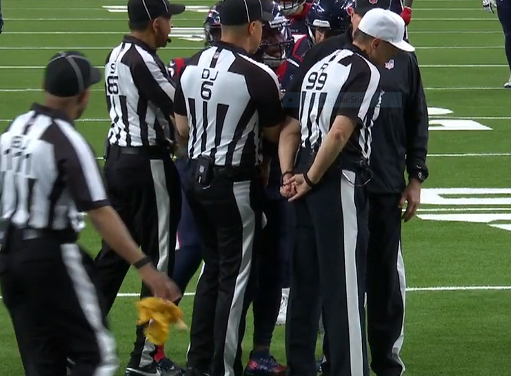 EasterbrookG's tweet photo. First play 3Q Bills-Houston signaled Buffalo touchdown then reversed to Texans ball. Ruling SHB illegal forward pass AS CALLED ON FIELD – see the flag? Safety, two points for visitors and home team free-kicks. Bills stolen victory through #awfulofficiating https://t.co/jE5GQImMW9