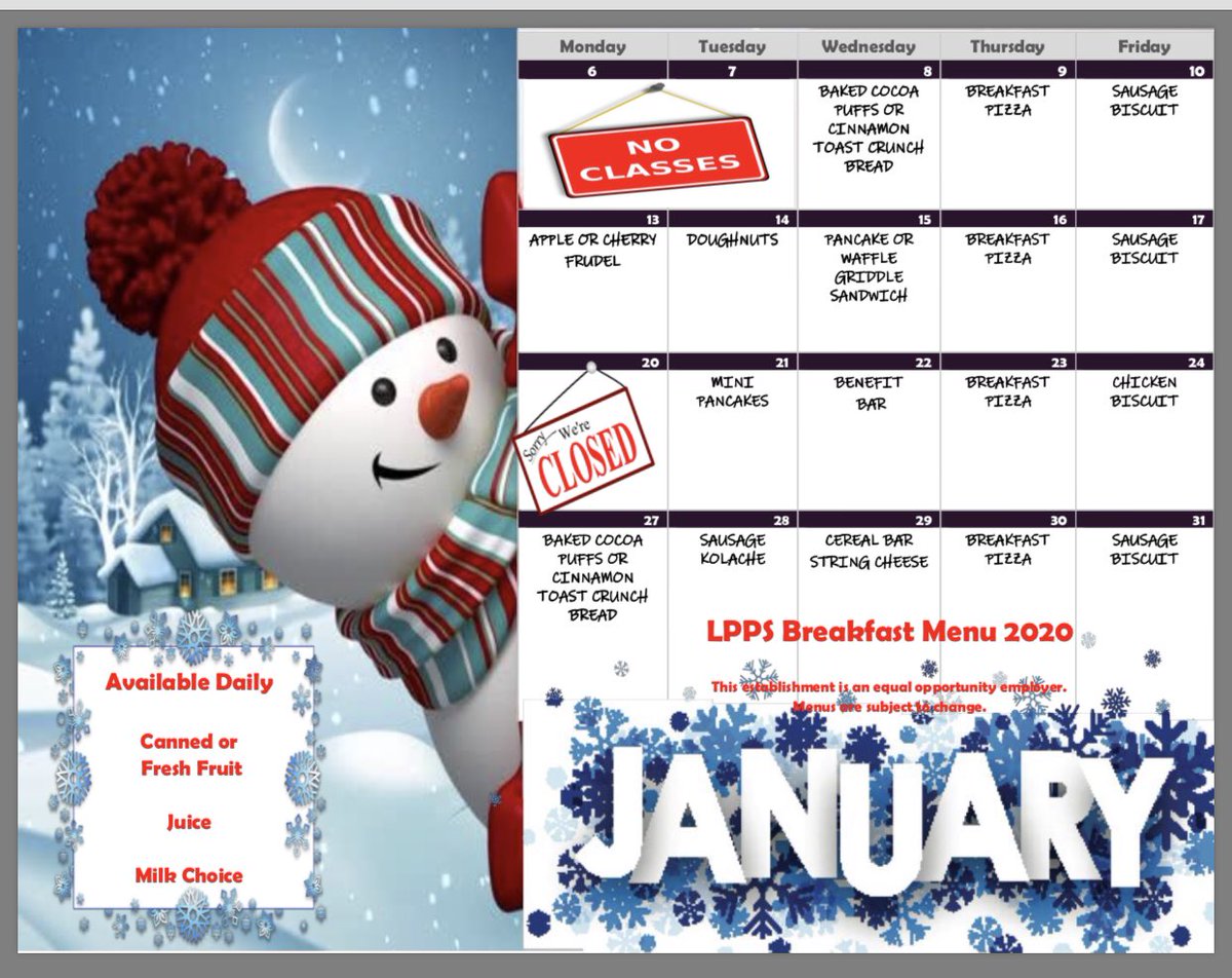 School starts Wednesday and we can’t wait to have our students back! Here are some menus for January; for all menus, please visit our website: lpsb.org/parents/child_…