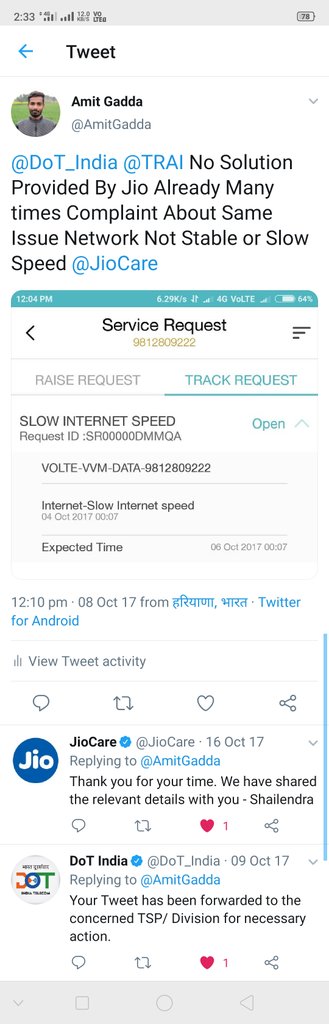 AmitGadda's tweet photo. @DoT_India @reliancejio @JioCare @PMOIndia @cmohry
इतने समय से कोई समाधान नहीं हो पाया है अब भी वही समस्या है| ना इन्टरनेट स्पीड और कॉल ड्रॉप की भी समस्या आने लगी है| Jio Care द्वारा बोला जा रहा है कि एक ही समय पर अधिक यूजर इन्टरनेट चला रहे हैं इस लिए दिक्कत आ रही है (1/3) https://t.co/Zrq1PA54i1